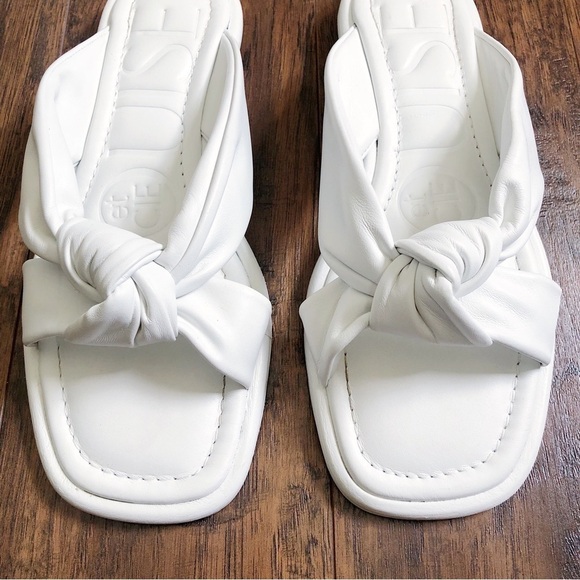 Louise et Cie | The Uzma block-heel bootie comes in three  Louise Et Cie • Abaleena Slide Sandal knot strap Optic White leather square toe